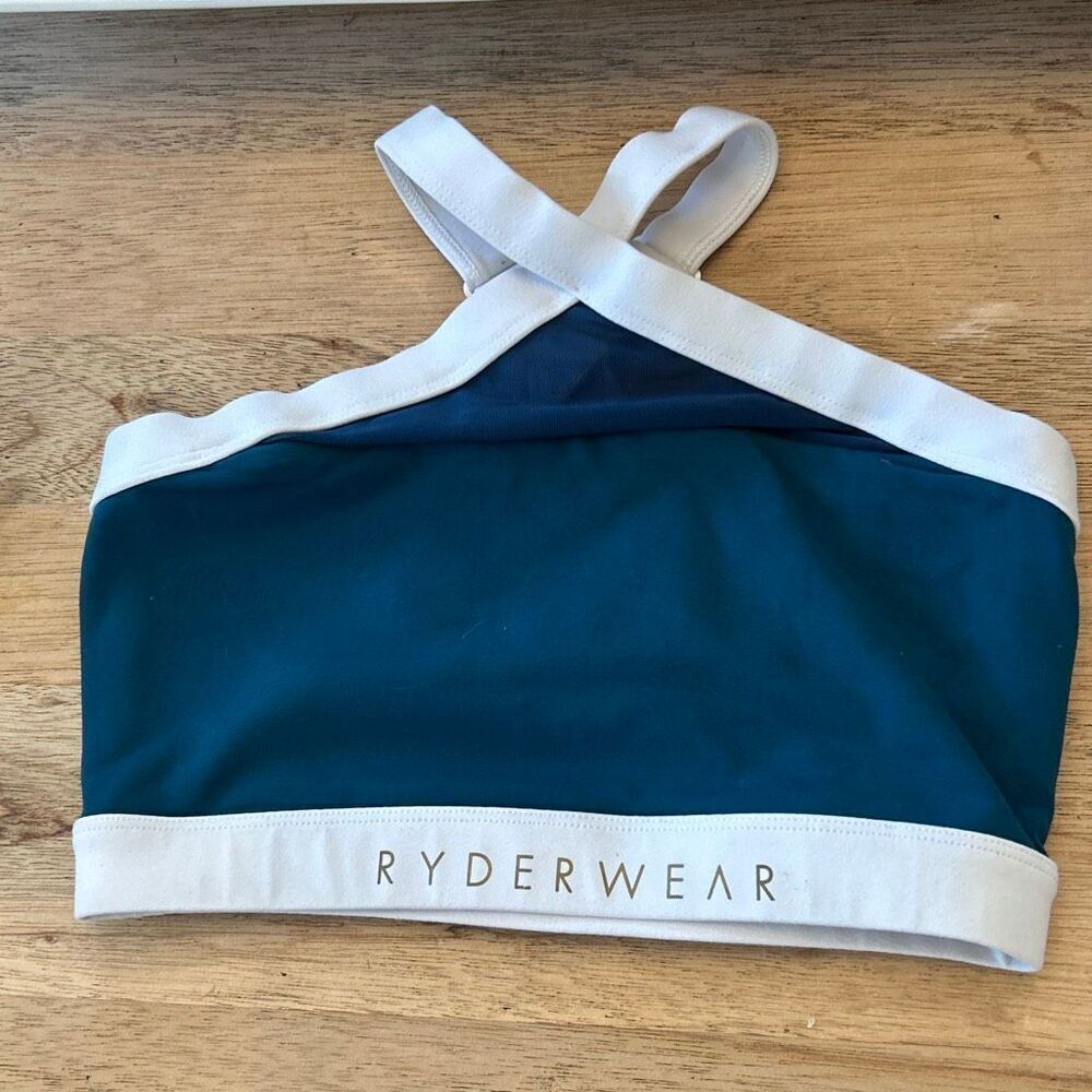 Ryderwear teal white fitness bra top athletic top sports bra xs high neck